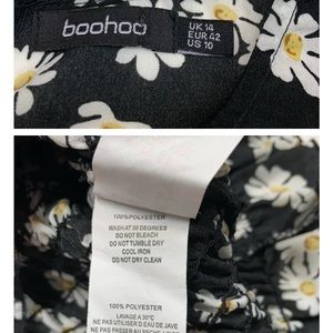 Boho Woven Black Ditsy Floral Daisy Shirred Long Sleeve Mini Dress Size 10. PEO